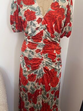 Ganni Cream Maxi Dress with Bold Red Rose Print